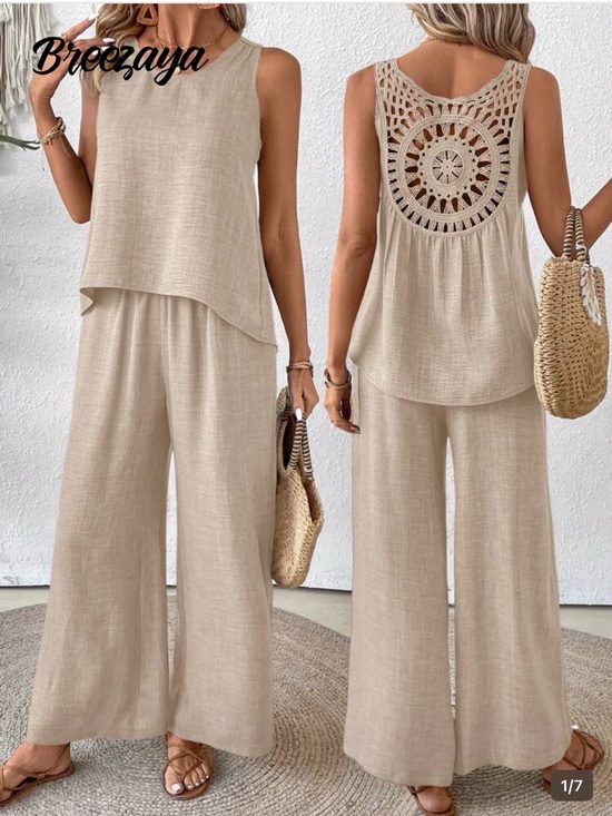 SHEIN Pants - SHEIN Beige Crochet-Back Wide-Leg Jumpsuit